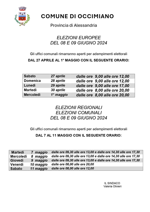 Elezioni Europee, Regionali e Comunali - 8 e 9 giugno 2024 - Orari di apertura Uffici Comunali